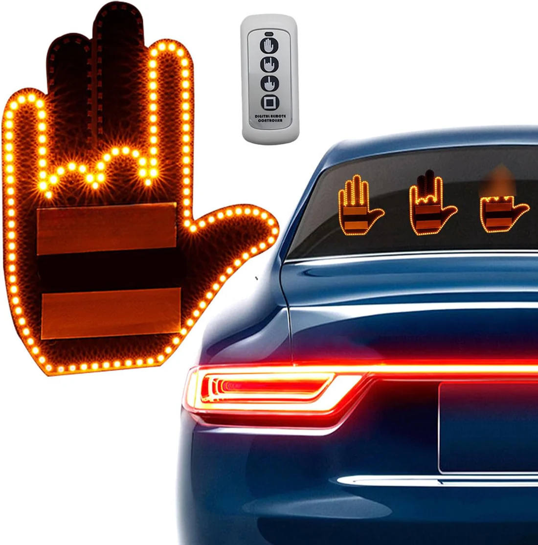 GloGesture LED hand sign showing middle finger gesture in car rear window with remote